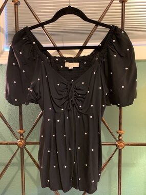 LOFT Black Polka Dot Puff Sleeve Square Neck Top